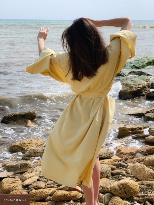 Заказать недорого горчичного цвета длинное платье кимоно из льна (размер 42-48) для женщин