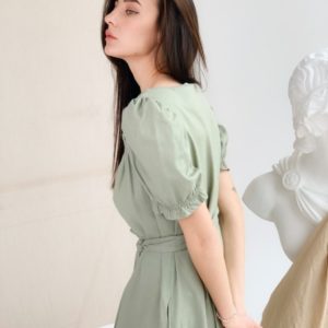 Приобрести онлайн оливкового цвета платье миди из льна для женщин с рукавами-фонариками в Украине