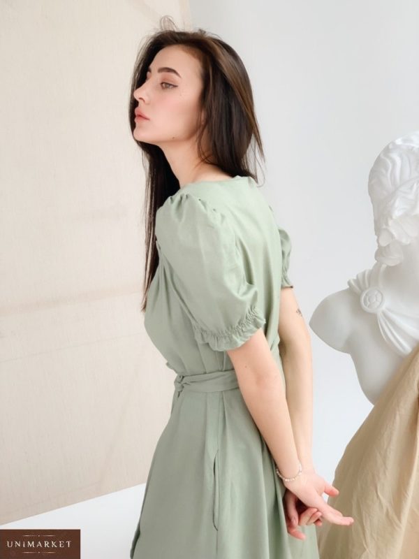 Приобрести онлайн оливкового цвета платье миди из льна для женщин с рукавами-фонариками в Украине