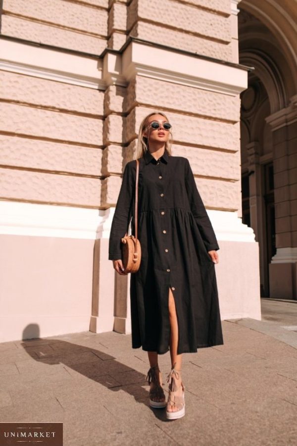 Замовити недорого чорне вільне плаття-сорочка з довгим рукавом для жінок