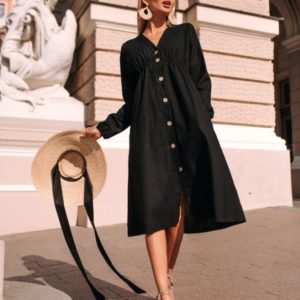 Заказать недорого черное свободное платье из стрейч льна (размер 42-48) для женщин