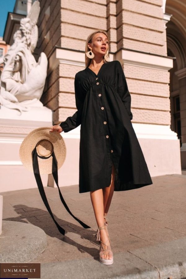 Заказать недорого черное свободное платье из стрейч льна (размер 42-48) для женщин