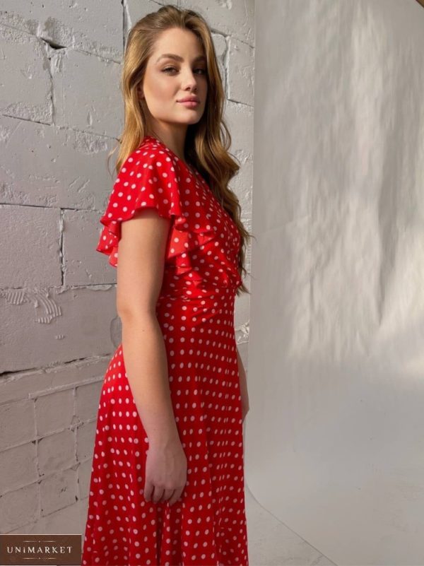 Придбати червоне жіноче прінтоване плаття недорого на запах довжини міді