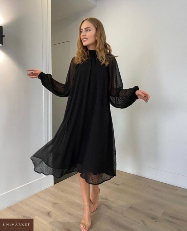 Купити чорного кольору жіноче закрите вільне плаття в горошок за низькими цінами