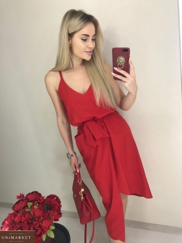 Купить женское красное однотонное асимметричное платье в интернет-магазине на бретельках онлайн