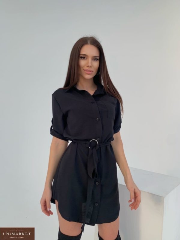 Замовити недорого чорне плаття-сорочка дешево довжини міні з жатки для жінок