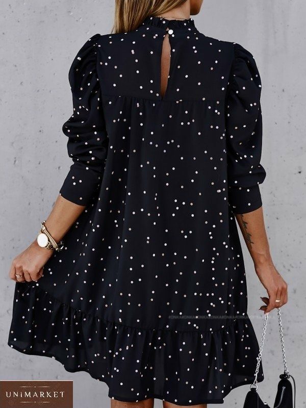 Придбати зі знижкою жіноче вільне плаття чорне в горошок з рюшами (розмір 42-56) в Україні