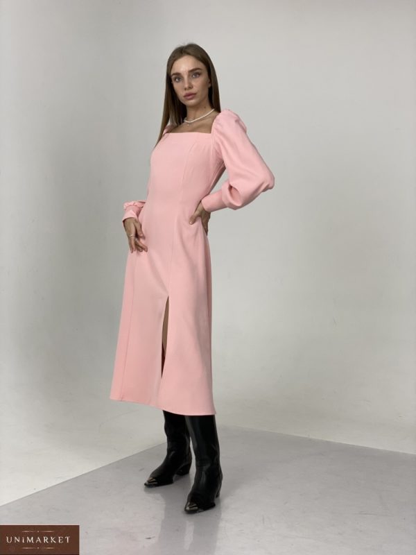 Купити рожеве плаття міді з розрізом жіноче і довгим рукавом дешево