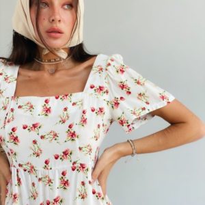 Купити жіночу сукню міді з штапеля беж з коротким рукавом (розмір 42-48) онлайн