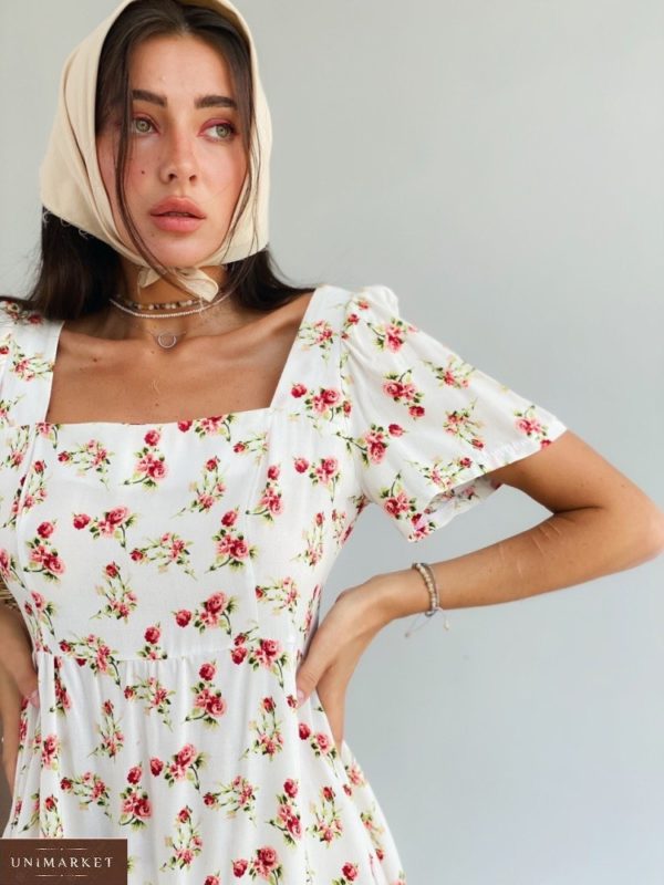Купить женское платье миди из штапеля беж с коротким рукавом (размер 42-48) онлайн
