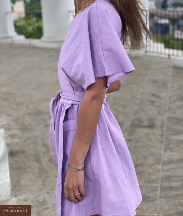 Заказать лилового цвета женское платье мини из льна в Украине на запах (размер 42-48)