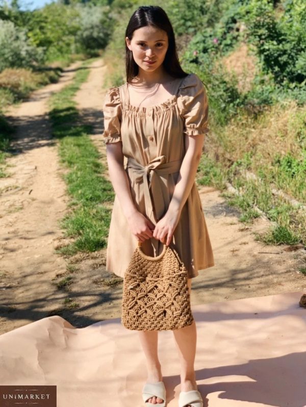 Купити в інтернеті бежеву сукню з поясом з натурального льону для жінок (розмір 42-48)