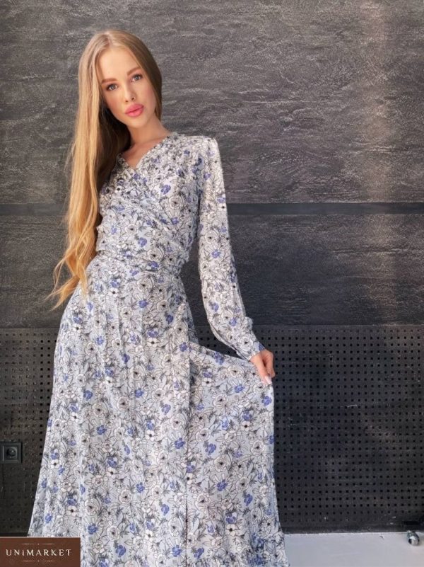 Приобрести онлайн серое женское цветочное платье из натурального штапеля (размер 42-48) в Украине