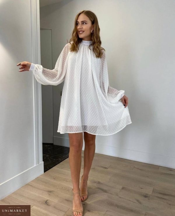 Купить белое закрытое свободное платье мини в горошек для женщин онлайн