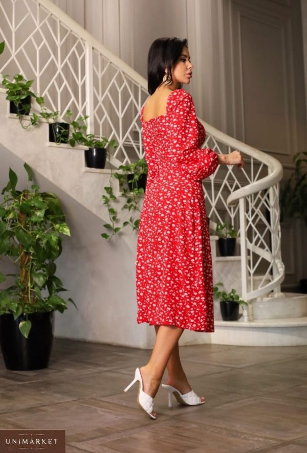 Заказать выгодно красное цветочное платье миди из софта (размер 42-48) по скидке для женщин