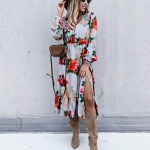Купити сукню міді онлайн з розрізом в квіти сіру (розмір 42-56) для жінок