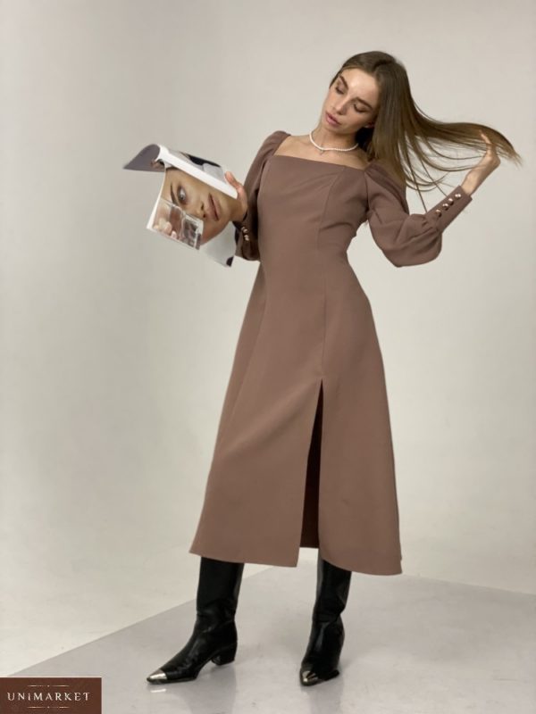 Заказать цвета мокко Платье миди с разрезом онлайн и длинным рукавом для женщин