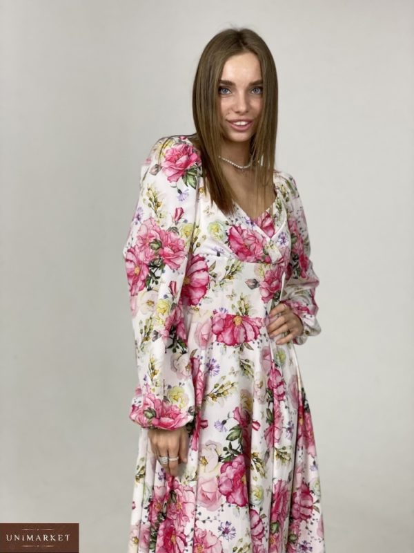 Заказать розовое платье для женщин в цветы длины миди дешево