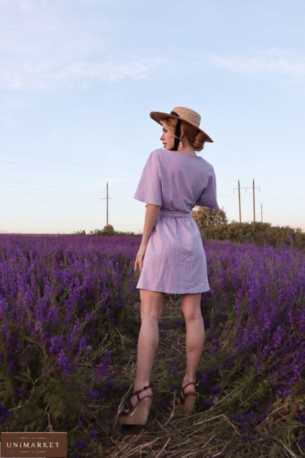 Приобрести женское платье мини из льна в интернете на запах (размер 42-48) лилового цвета