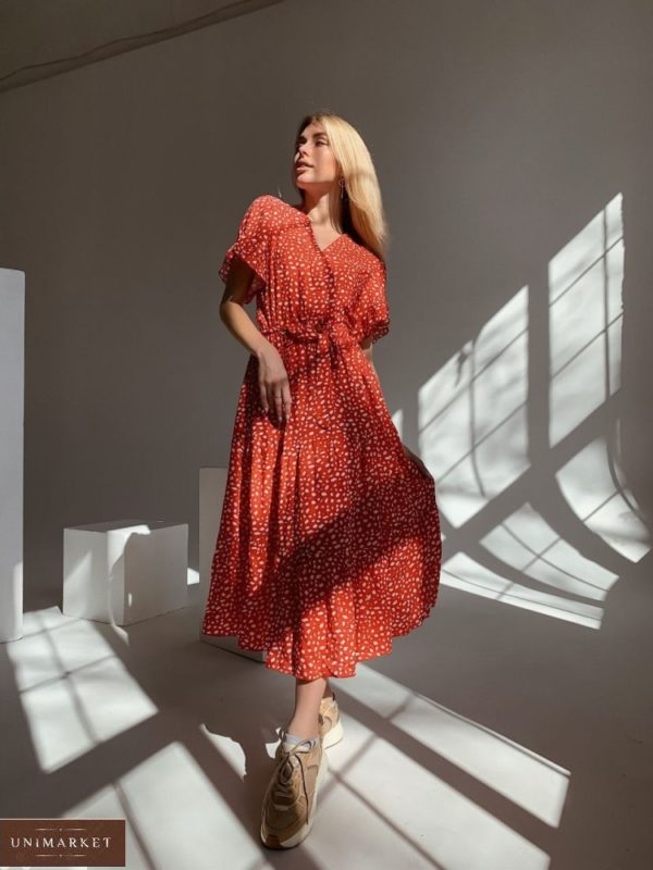 Купити зі знижкою червоне жіноче літнє плаття на запах з рюшами в інтернеті (розмір 42-48)