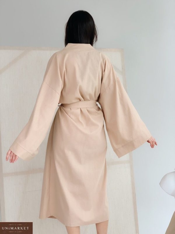 Приобрести бежевое женское длинное платье кимоно недорого из льна (размер 42-48)