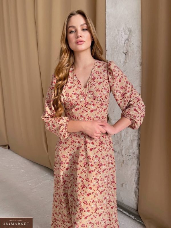Заказать бежевое весеннее платье из штапеля для женщин в интернете