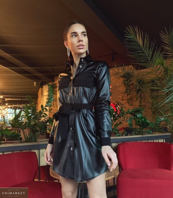 Замовити чорне шкіряне жіноче плаття з вельветовими вставками в Україні