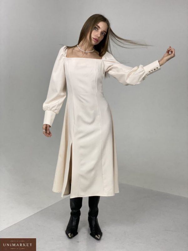 Придбати на весну жіночу Сукню міді з розрізом по знижці і довгим рукавом білого кольору