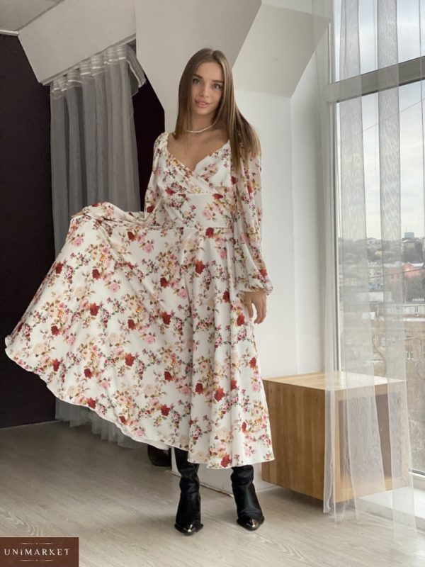 Заказать бежевое платье по низким ценам в цветы онлайн длины миди для женщин