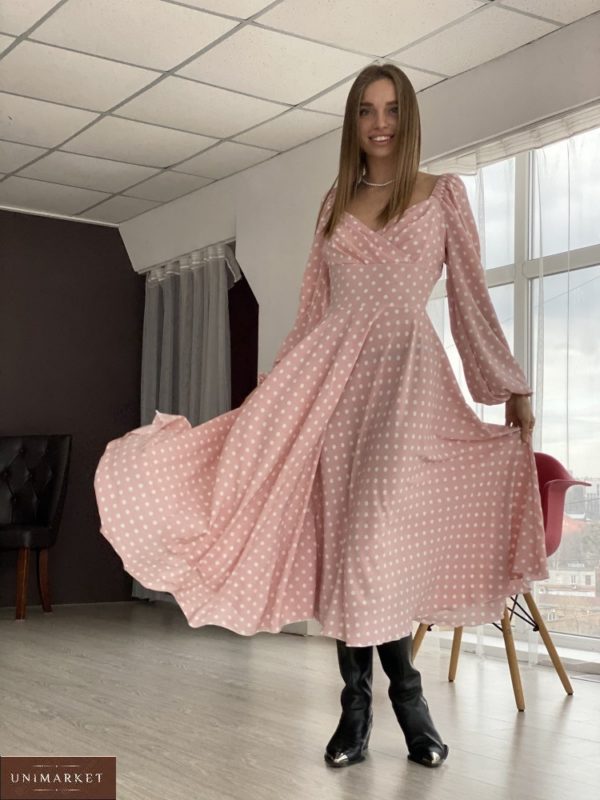 Приобрести недорого женское платье розовое в горошек длины миди в Украине