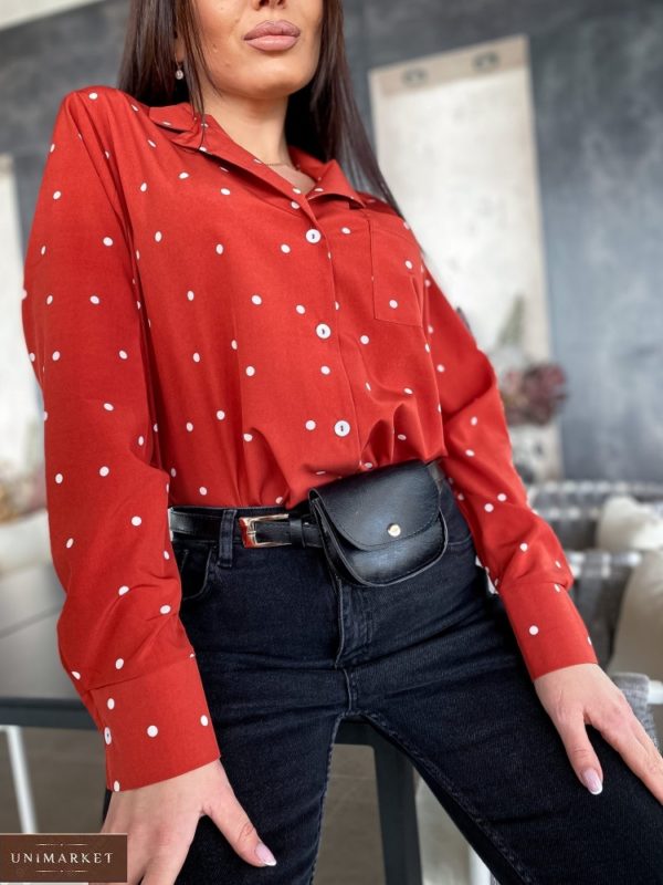 Заказать терракот женскую рубашку недорого с длинным рукавом в горошек (размер 42-56) в Украине