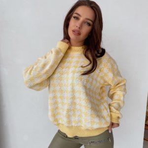 Придбати жіночий светр оверсайз в гусячу лапку жовтого кольору в Україні