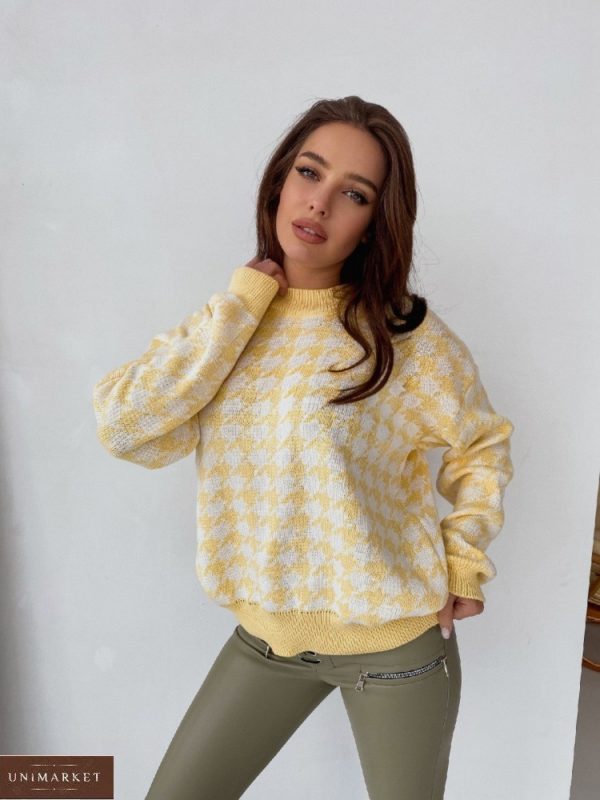 Придбати жіночий светр оверсайз в гусячу лапку жовтого кольору в Україні