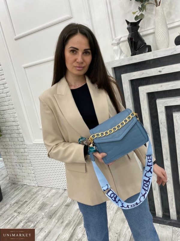 Заказать в интернете женскую мини сумку с цепью и платком голубого цвета