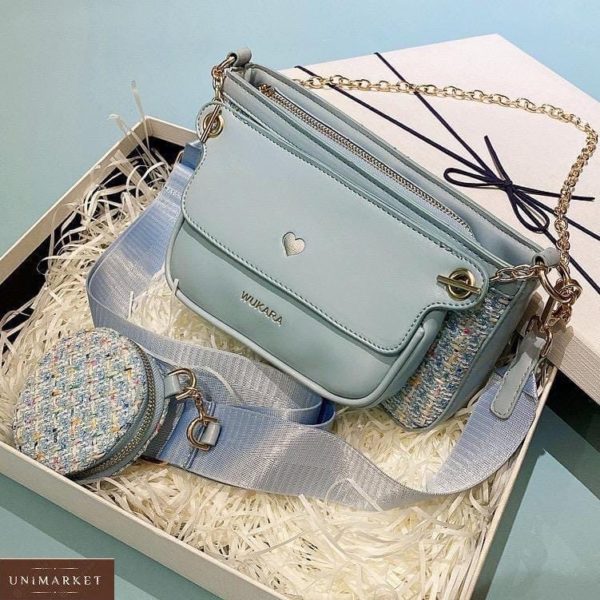 Замовити жіночий комплект 3 в 1 блакитний: сумка, клатч і гаманець онлайн