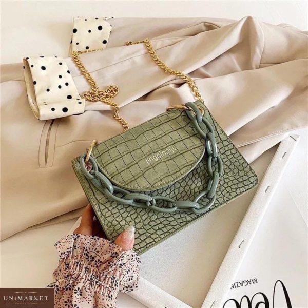 Замовити жіночу сумку міні зеленого кольору з кольоровою ланцюжком в Україні