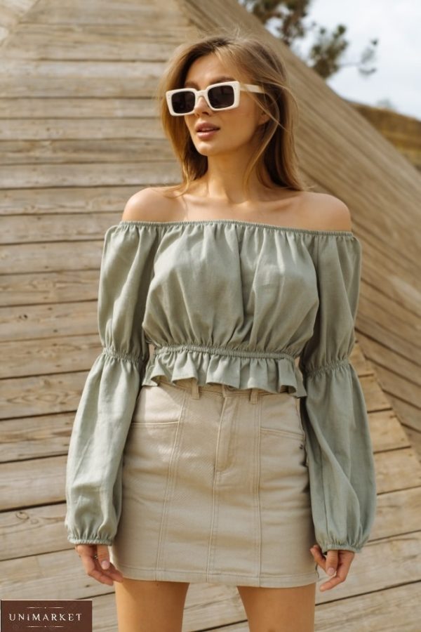 Купити жіночу блузу-топ кольору оливка з відкритими плечима недорого