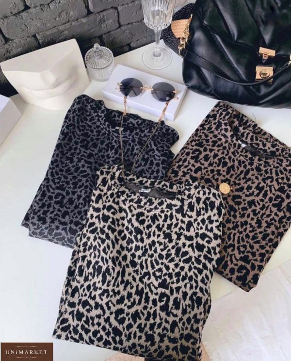 Заказать женскую футболку с леопардовым принтом серую, беж, коричневую в Украине
