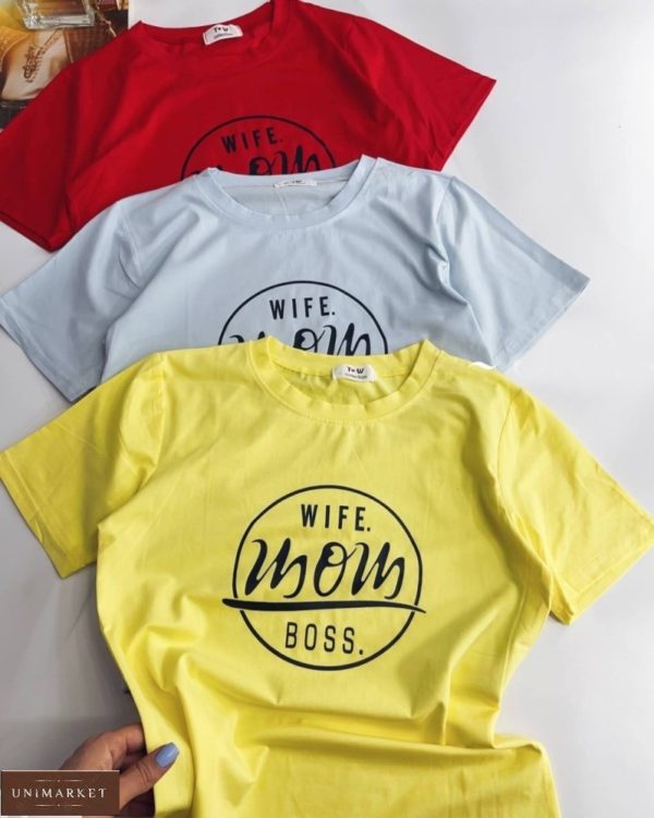 Приобрести недорого футболку с надписью кроя oversize для женщин желтую, белую, красную