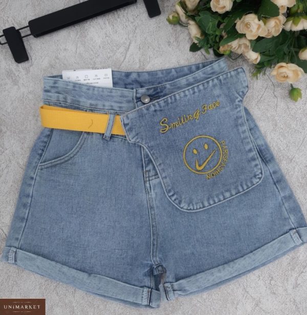 Купить в интернете женские джинсовые шорты со смайликом голубого цвета