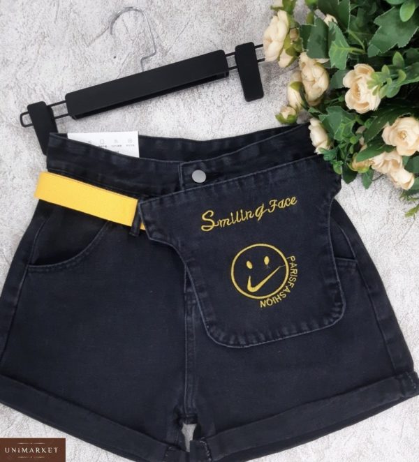 Придбати чорного кольору жіночі джинсові шорти зі смайликом в Україні дешево