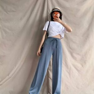 Замовити онлайн жіночі вільні штани кольору джинс з літнього трикотажу
