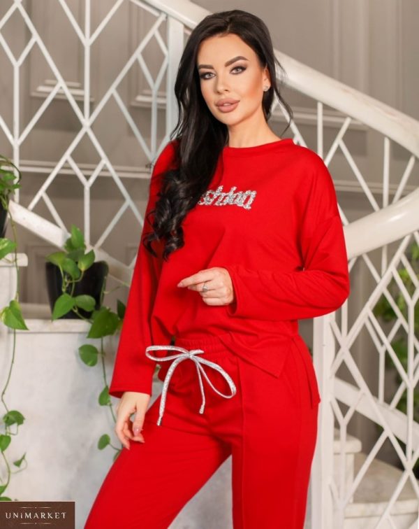 Замовити за низькими цінами жіночий спортивний костюм з трикотажу з написом (розмір 42-52) червоного кольору