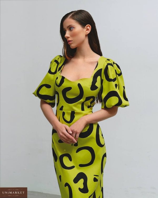 купити жіноче міді плаття з принтом в лаймовому кольорі за низькою ціною