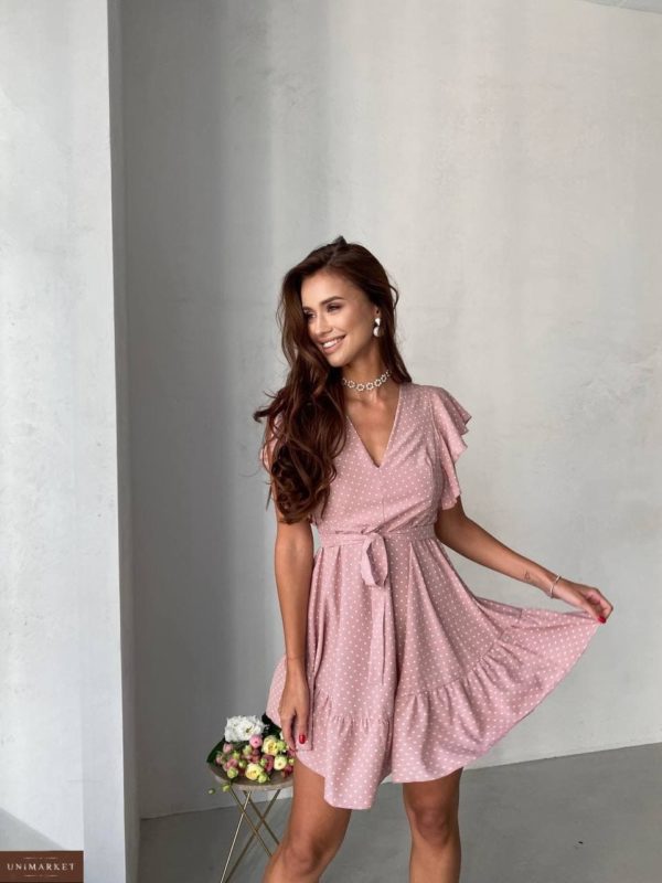 купить летнее женское платье в горошек розового цвета со скидкой