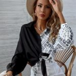 Замовити недорого чорно-білу двобарвну блузу з принтом (розмір 42-48) для жінок