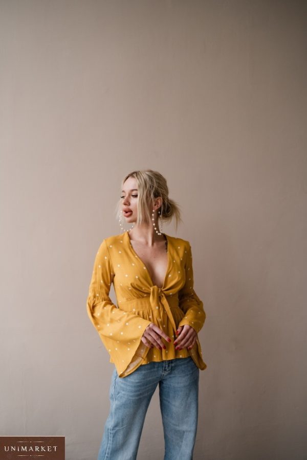 Приобрести желтую женскую блузу с рукавами-колокольчиками в горошек (размер 42-48) в интернете онлайн