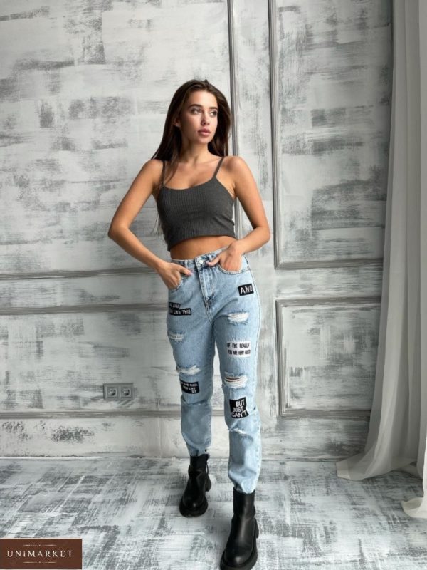 Купить женские онлайн джинсы с нашивками голубые