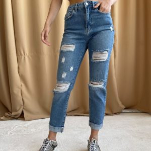 Заказать женские синие укороченные джинсы с дырками недорого