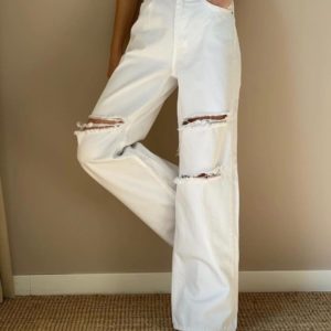 Замовити онлайн білі джинси палаццо з необробленими дірками для жінок